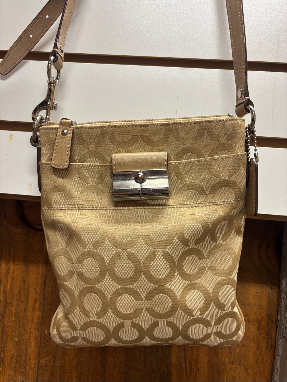 Coach Beige Signature Crossbody Bag with Silver Hardware